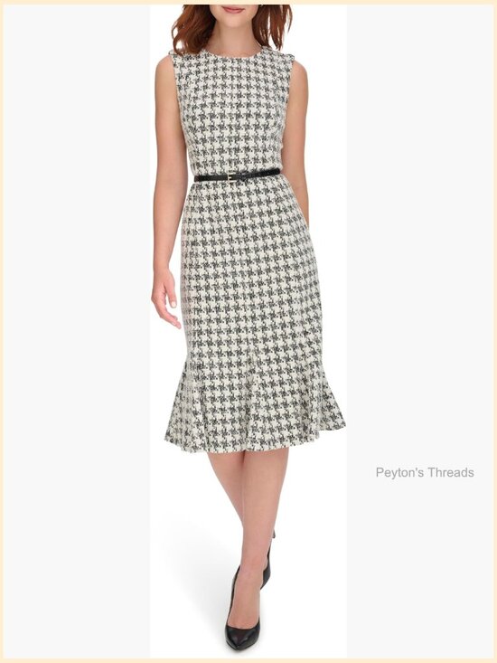 Dresses & Skirts - Sleeveless Belted Boucle Knit Fit & Flare Dress with Collared Neck